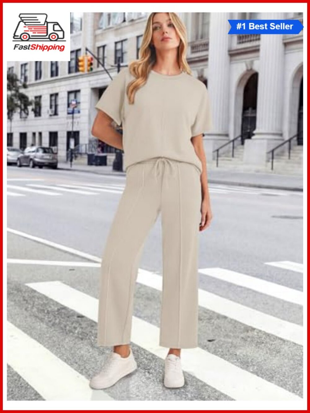 ✨ Two Piece Lounge Set Short Sleeve Wide Leg Cropped Pants Travel Vacation - Picture 3 of 6